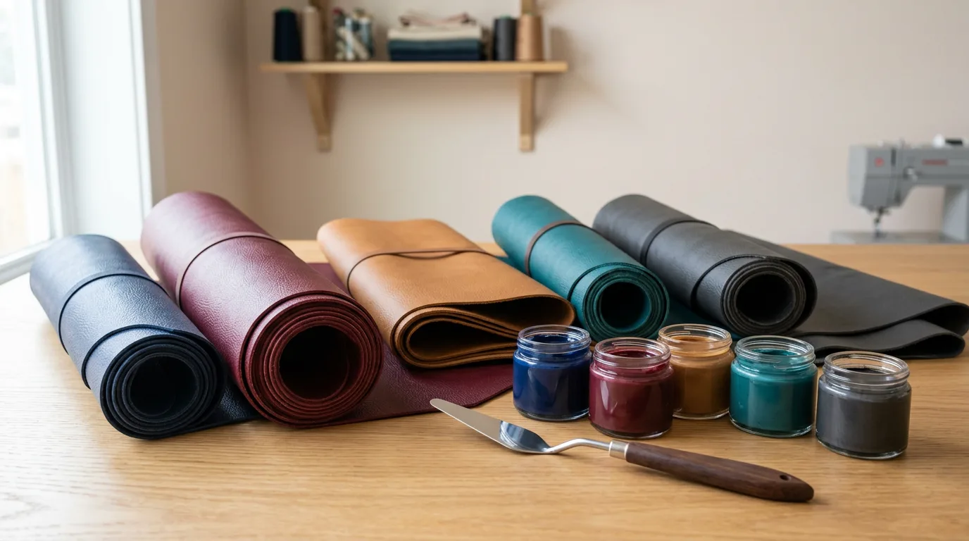 Rolls of coloured synthetic leather beside jars of matching pigment paste