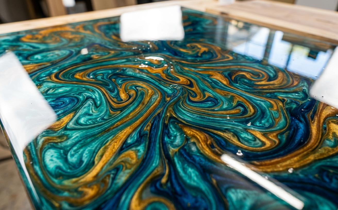 Epoxy colorant pastes in navy, amber, teal and red jars