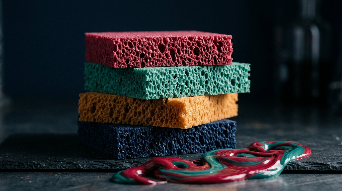 Blocks of polyurethane foam coloured with pigment dispersions in navy, amber, teal and red