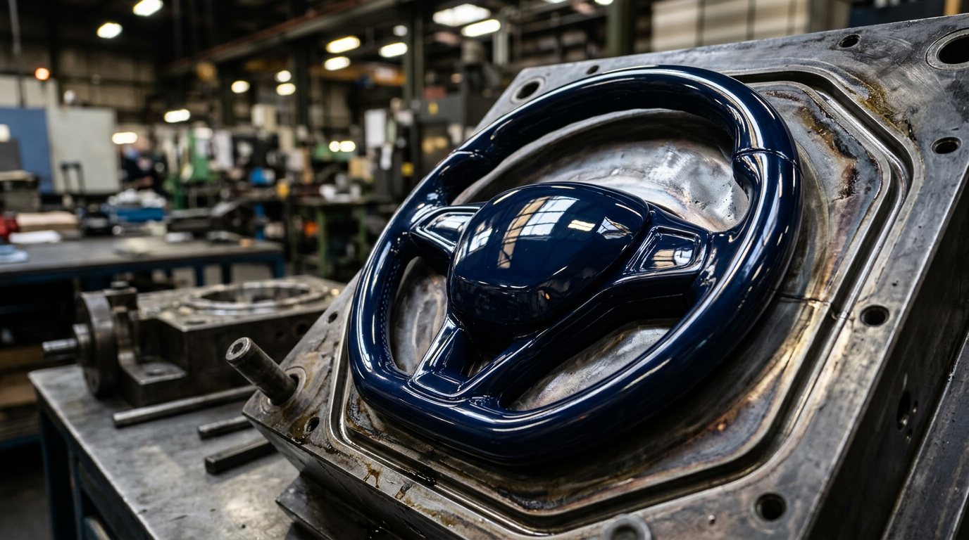 Glossy navy moulded PU part showing a flawless in-mould coating finish