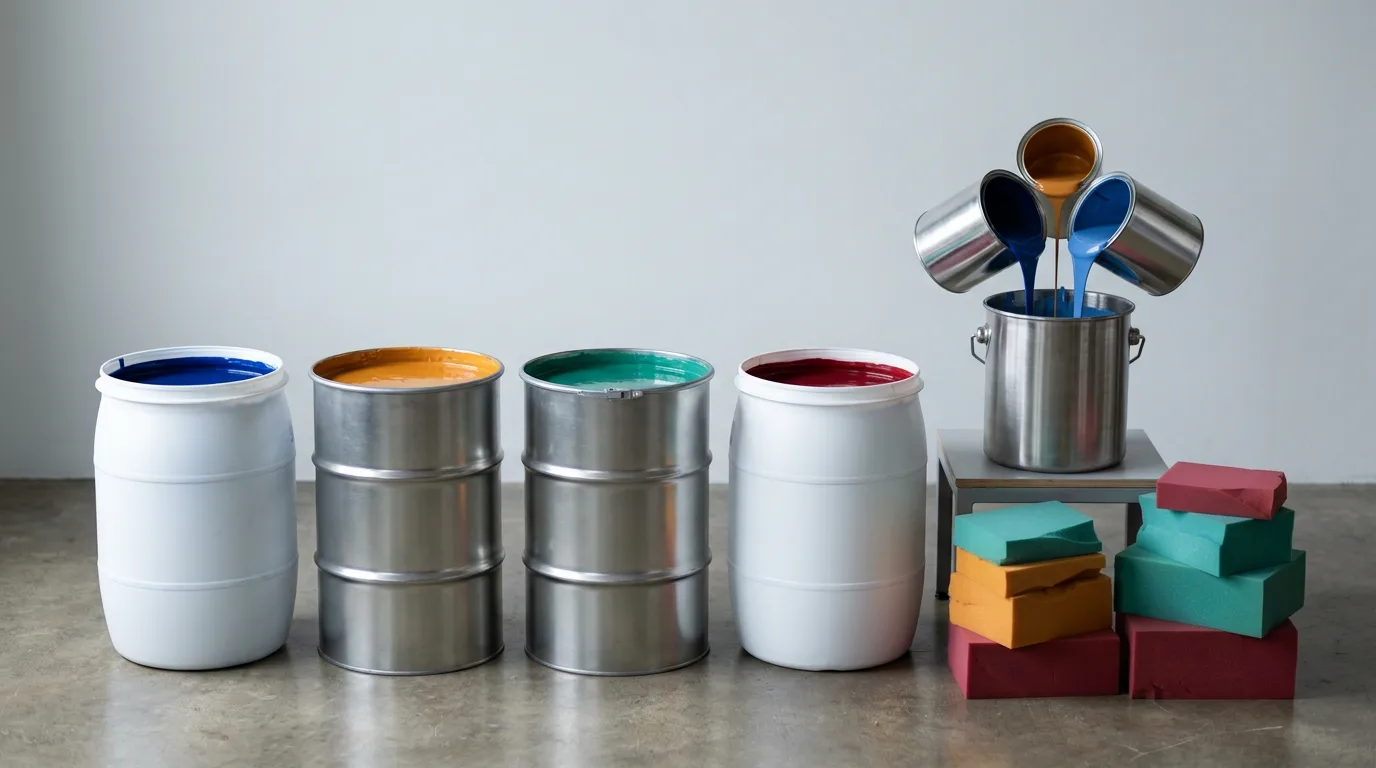 Drums and cans of liquid pigment dispersion beside stacks of coloured polyurethane foam blocks