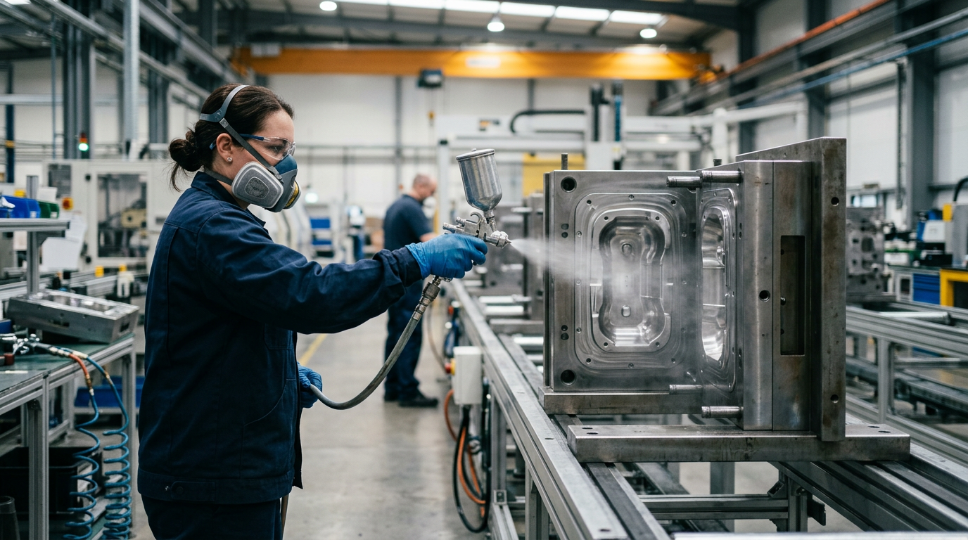Operator spraying PU mould release agent into an open polyurethane mould