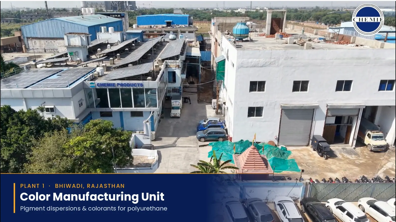 Aerial view of Chemie Plant 1, the colour manufacturing unit in Bhiwadi, Rajasthan, with rooftop solar panels
