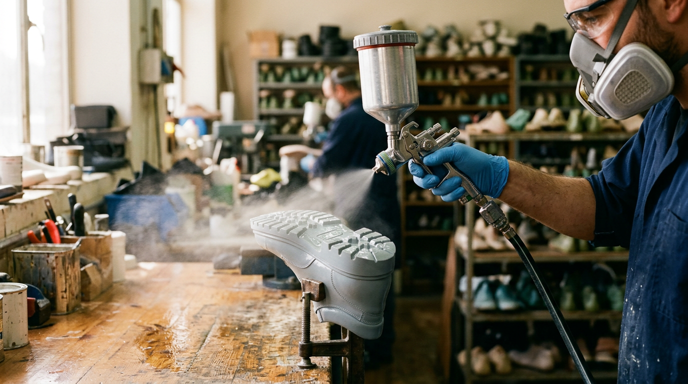 Worker in a respirator spraying PU lacquer onto a shoe sole with a spray gun
