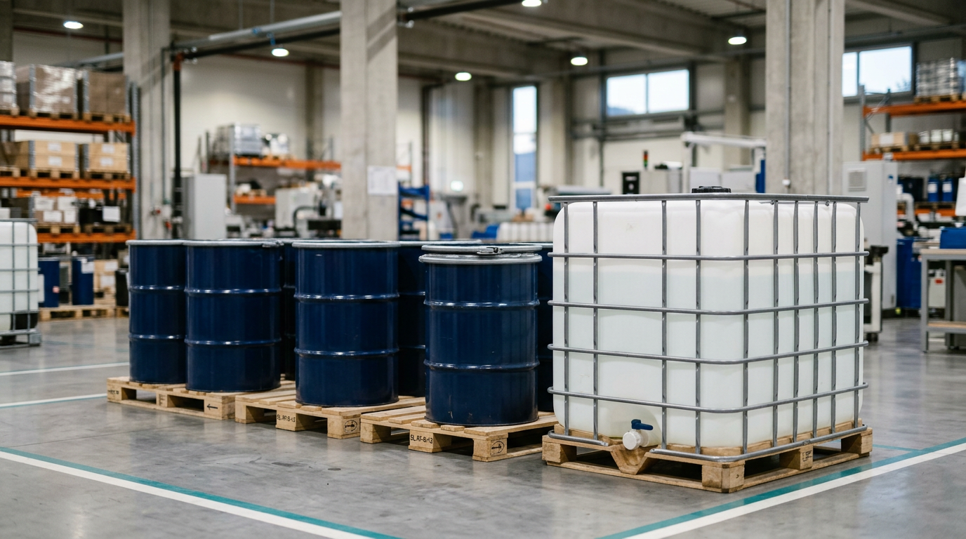 Navy steel drums and a white IBC tote on pallets, illustrating bulk packing of silicone release fluid